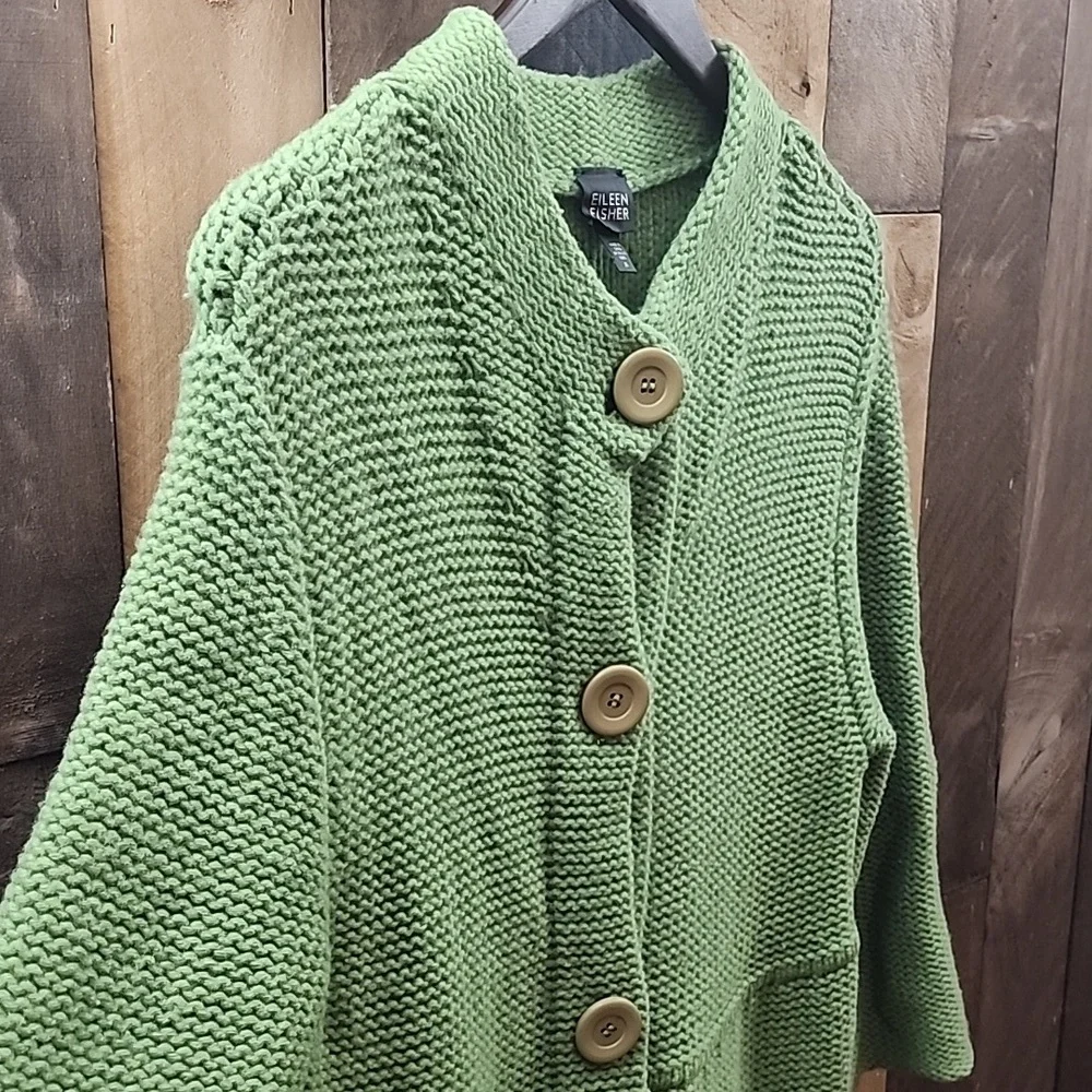 Eileen Fisher green merino wool chunky long cardigan size Medium - Picture 3 of 8